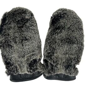 Kombi Womens Small Black Leather Grey Faux Fur Mittens Winter Gloves‎